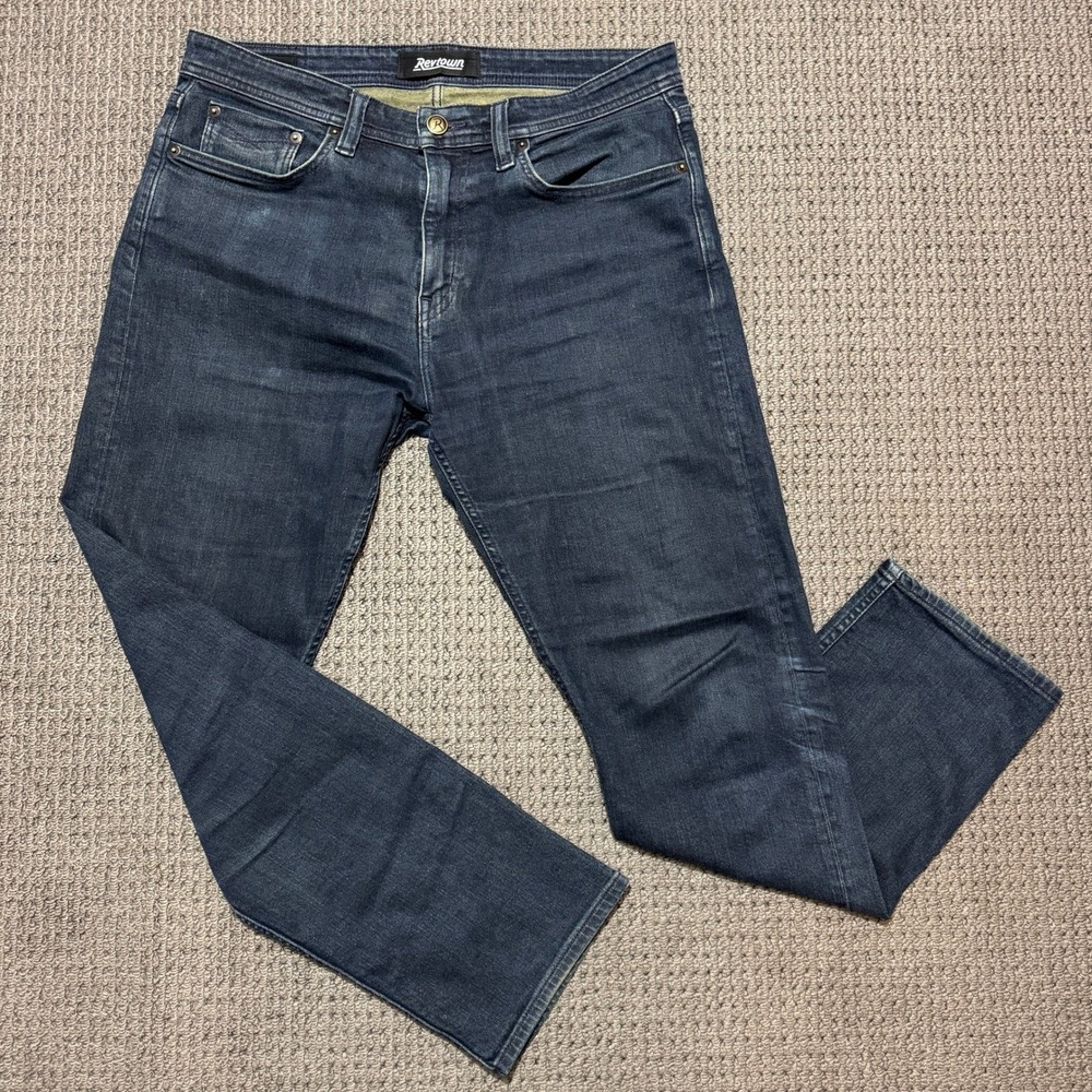 Revtown Mens Sharp Dark‎ Wash Straight Leg Denim Jeans 33x30 Stretch